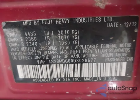 2013 Subaru Legacy 2.5I Premium z USA, uszkodzony, nr VIN 4S3BMBG60D3028677